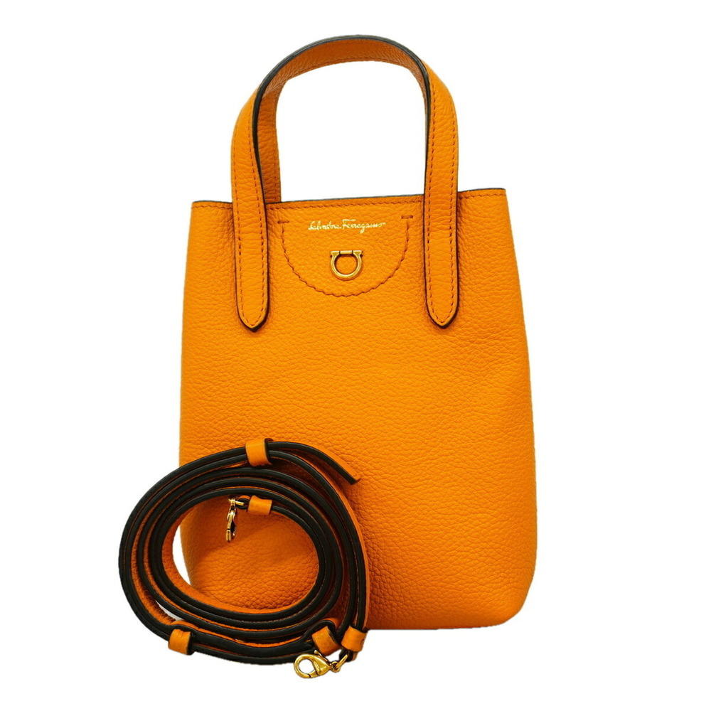 Salvatore Ferragamo Gancini Leather Handbag, Orange, 2-way Bag for Women, OP0...